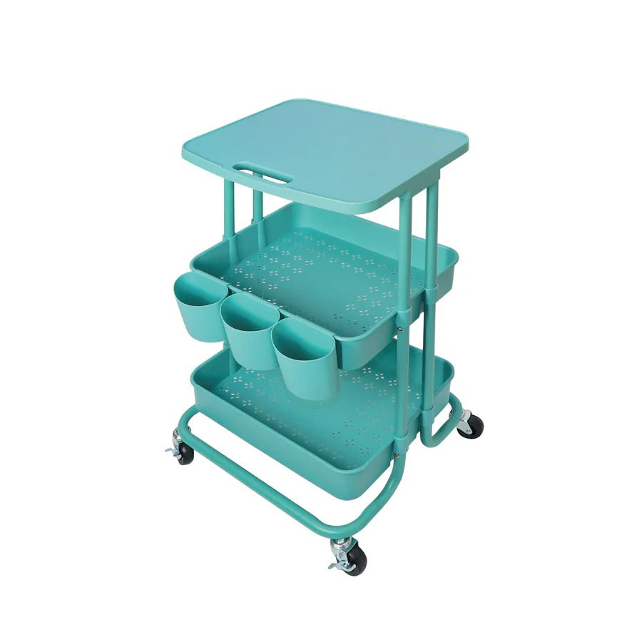 White 2-Tier Rolling Utility Cart with Mesh Storage & Tabletop – Compact Organizer with Wheels for Home & Office