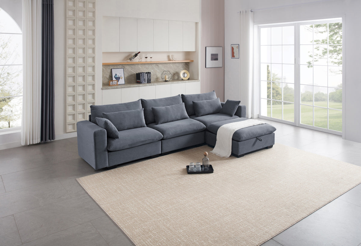 Kass Polyester Corduroy Sectional Sofa With Storage Ottoman