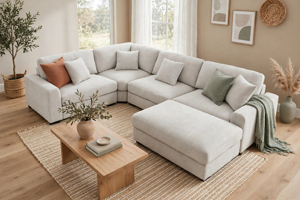 Avery 4-Seat Modular Sectional Sofa with Ottoman - model home staged