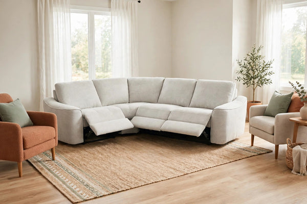 Devine 4-Piece Power Recliner Sectional Sofa - model home staged, recliner footrests extended