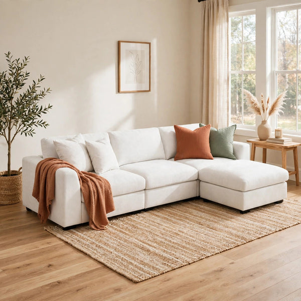 Alexent Luis 3-Seat Modular Sofa with Reversible Ottoman - model-home staged living room