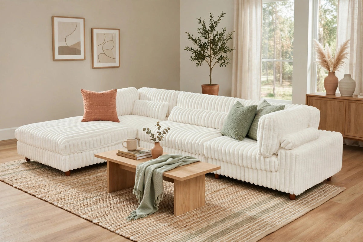 Sally 3-Seat Corduroy Sectional Sofa with Ottoman - model home staged
