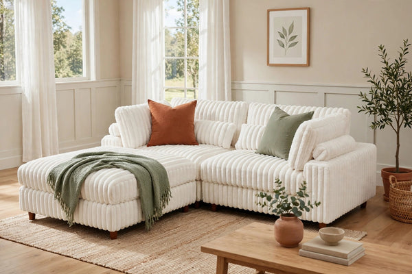 Sally Corduroy Modular Sectional Sofa with Ottoman - model home staged