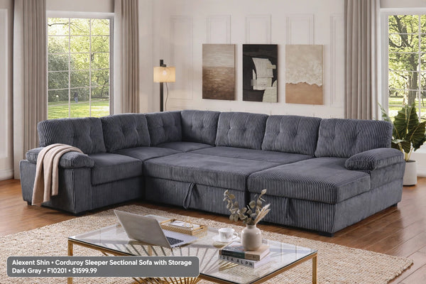 Alexent Shin Corduroy Sleeper Sectional Sofa with Storage - model home staging, pull-out bed aligned with storage chaise