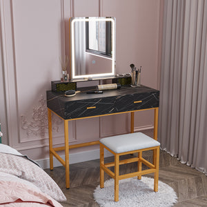 White Vlsrka 35.4" Wide Modern Marble Makeup Vanity Set With Stool and Rectangle Mirror