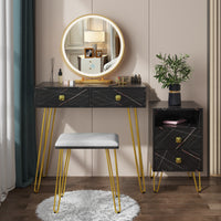 White Vlsrka 31.5" Wide Modern Marble Makeup Vanity Set With Stool and Mirror