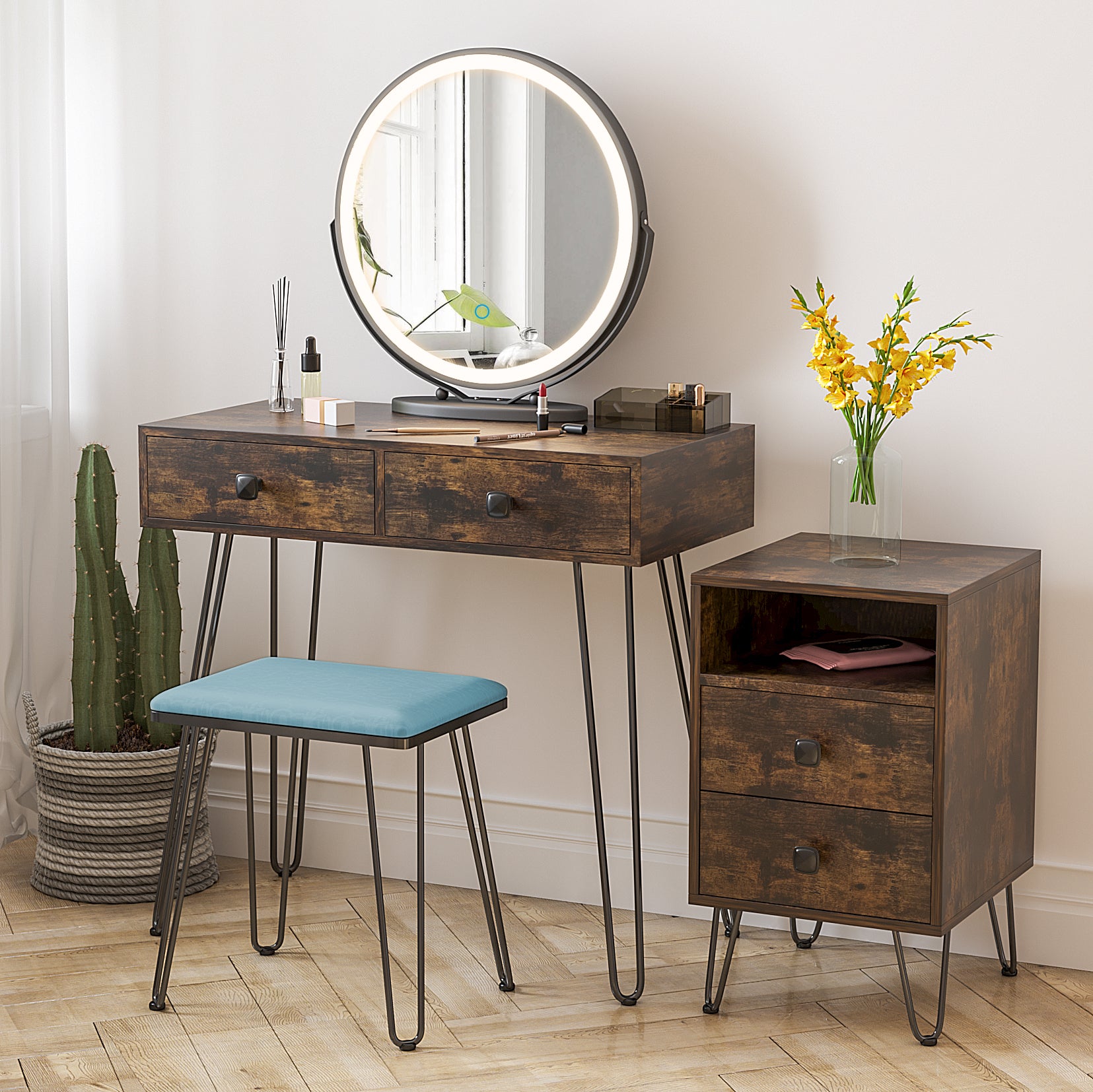 Wooden vanity outlet set with stool