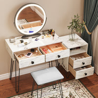 White Vlsrka 31.5" Wide Modern Marble Makeup Vanity Set With Stool and Mirror