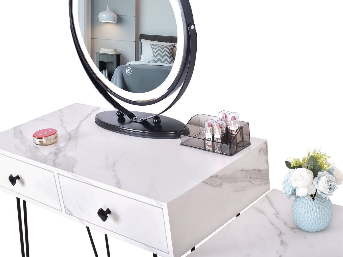 White Vlsrka 31.5" Wide Modern Marble Makeup Vanity Set With Stool and Mirror