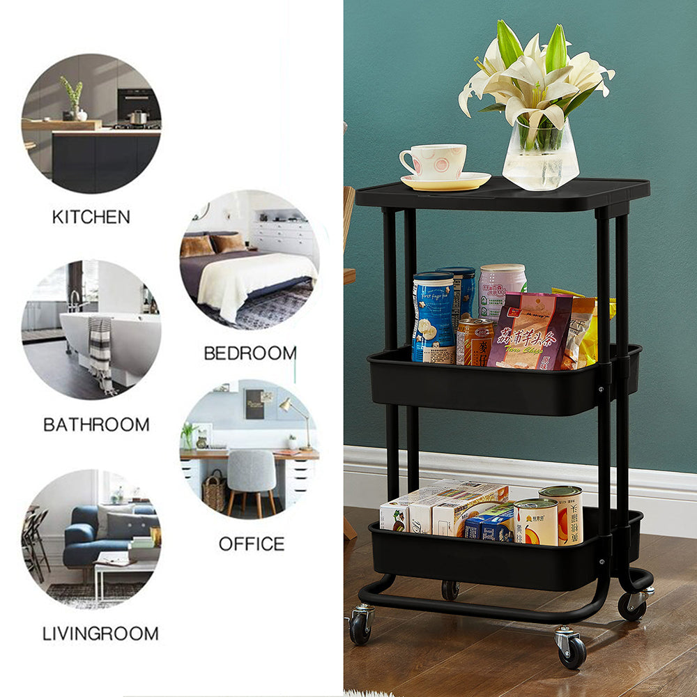 Black 2 Tier Storage Trolley Rolling Cart