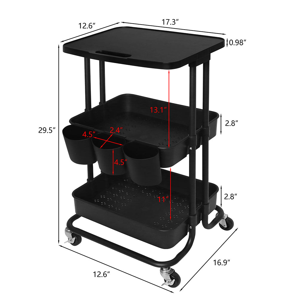 Black 2 Tier Storage Trolley Rolling Cart