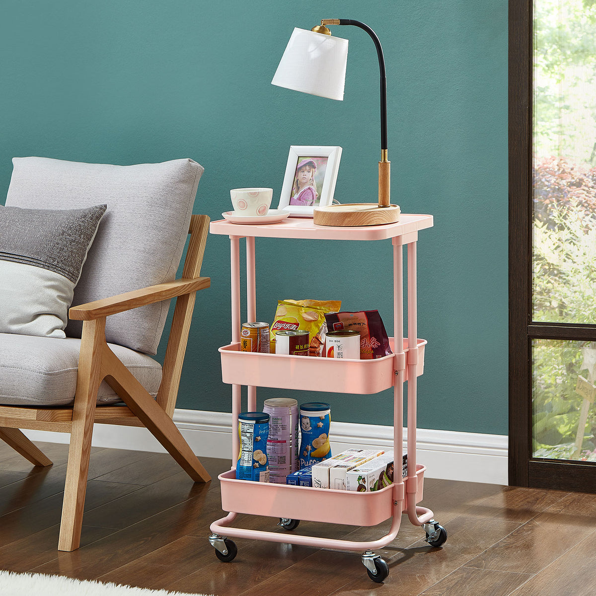 Pink 2 Tier Storage Trolley Rolling Cart