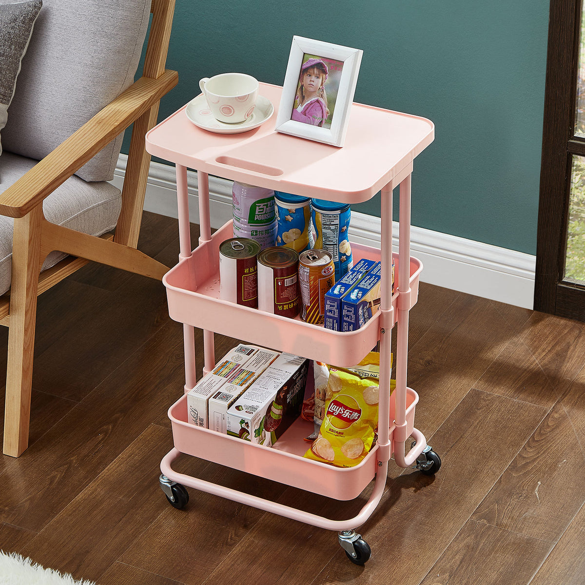 Pink 2 Tier Storage Trolley Rolling Cart