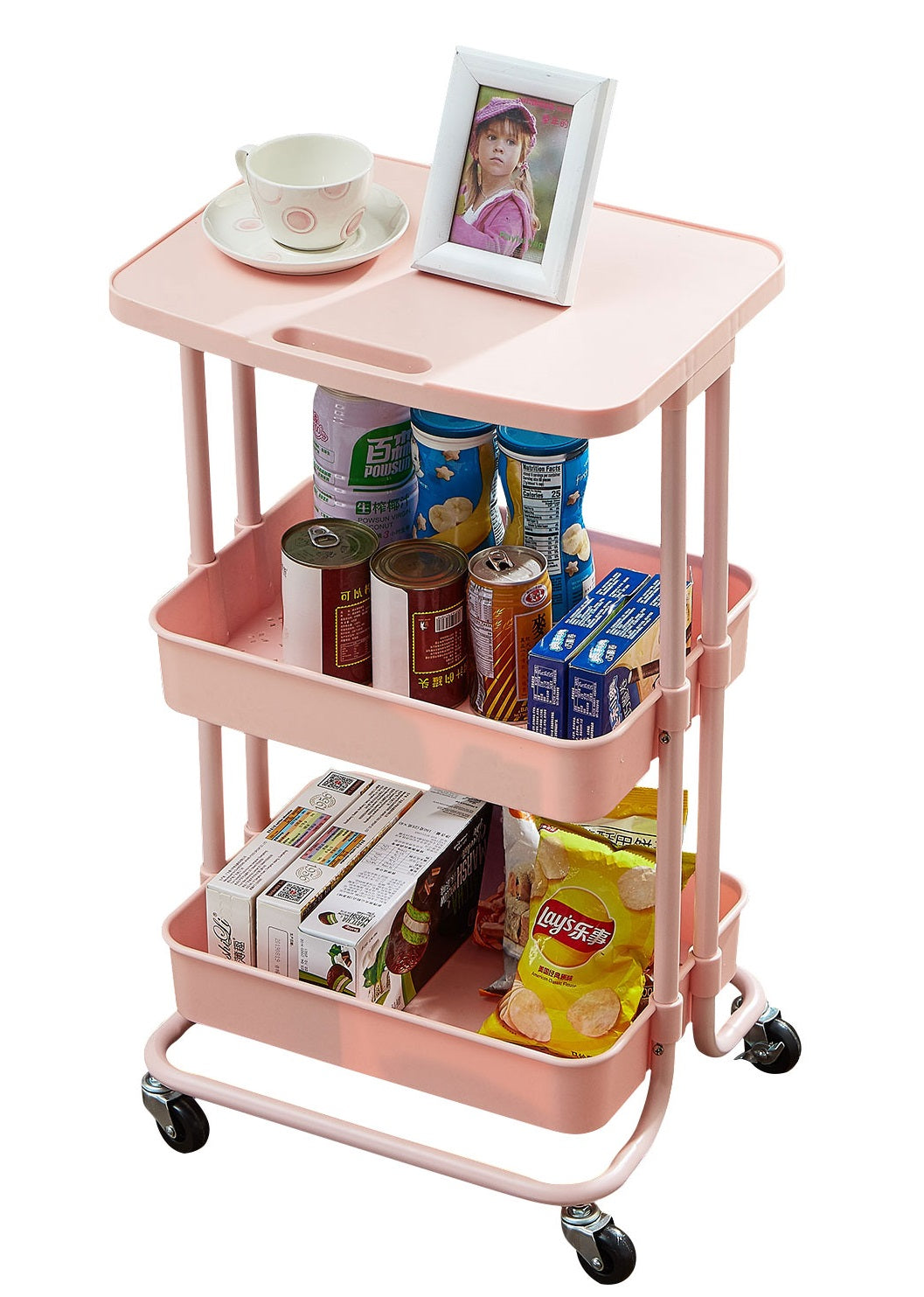 Pink 2 Tier Storage Trolley Rolling Cart